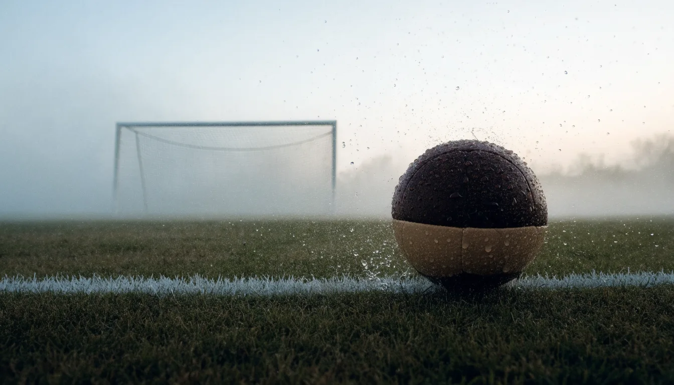 Ein Fußball liegt auf dem Elfmeterpunkt eines nassen Rasenplatzes, im Hintergrund ein leeres Tor im Nebel.