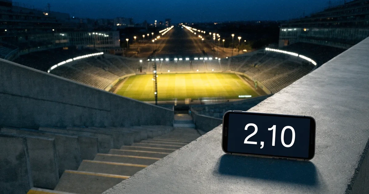 Ein großes Fußballstadion mit hell erleuchtetem Rund, aus der Ferne am Abend gesehen, davor eine breite Allee mit Laternen.