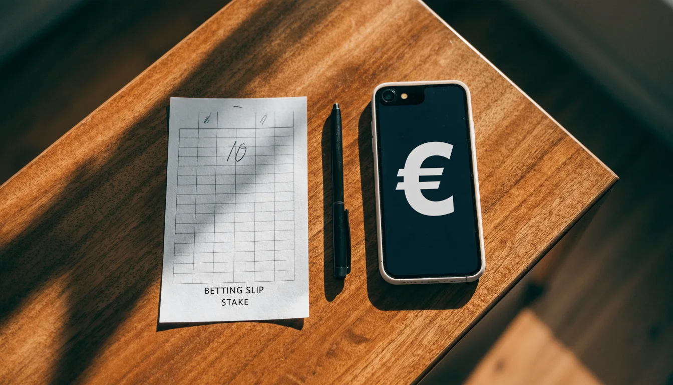 Ein leerer Papier-Wettschein und ein Kugelschreiber liegen auf einem Holztisch neben einem schwarzen Smartphone.