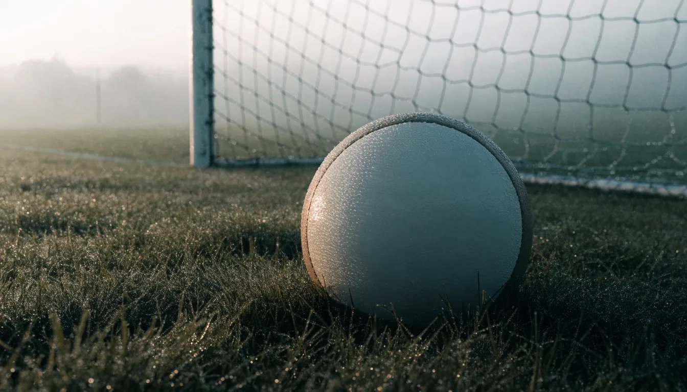 Ein Fußball liegt auf dem Rasen vor einem Tor im Morgennebel, die Netzmaschen sind taufeucht.