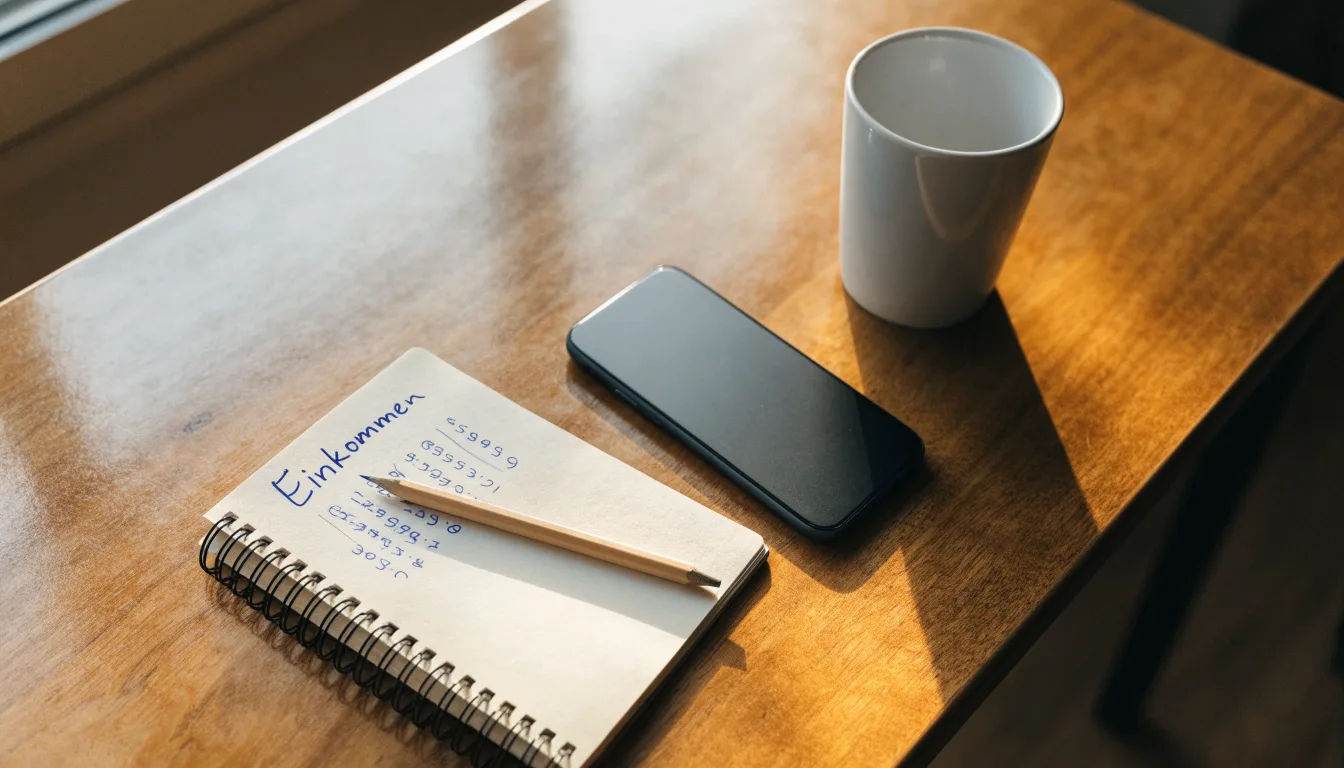 Ein Notizbuch mit handschriftlichen Zahlenreihen liegt neben einem Bleistift und einem Smartphone mit dunklem Display auf einem Tisch.