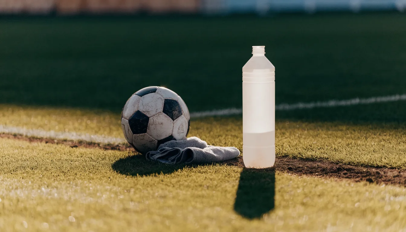 Ein Fußball auf einer Wiese neben der Seitenlinie, daneben eine Trinkflasche ohne Aufdruck und ein Handtuch.