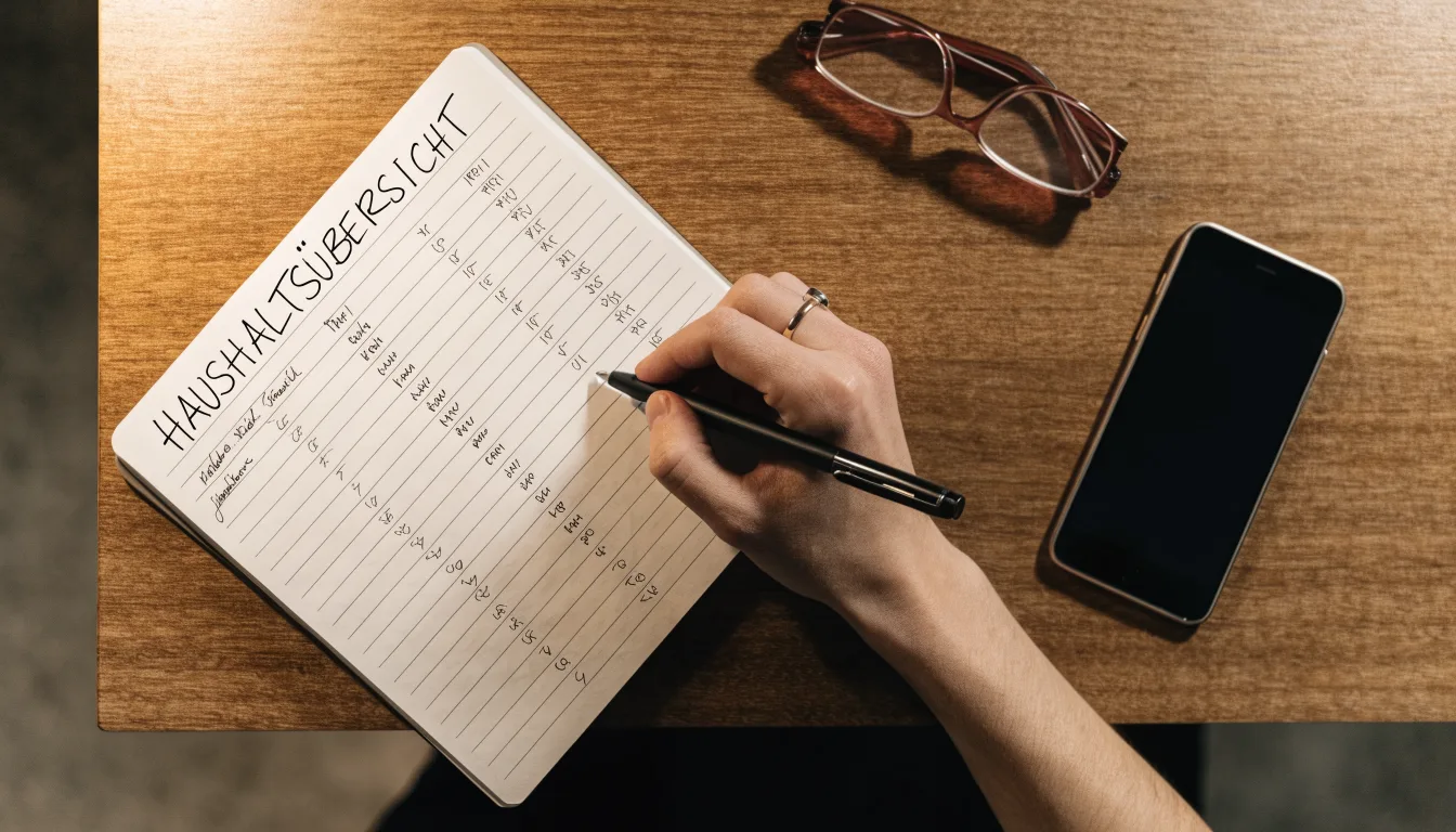 Ein Notizbuch mit handschriftlichen Notizen und ein Taschenrechner liegen auf einem Schreibtisch neben einem Smartphone mit dunklem Display.