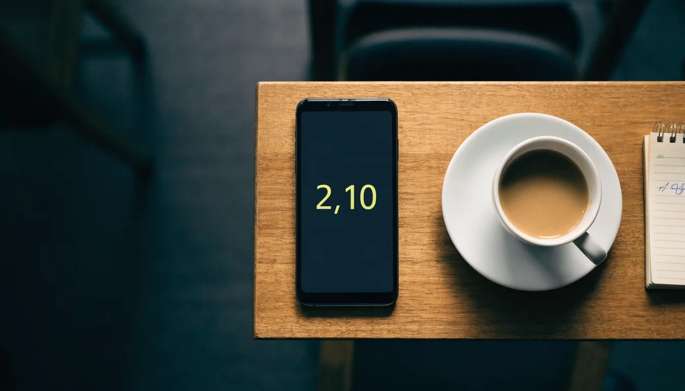 Ein Smartphone liegt mit schwarzem Display neben einer Kaffeetasse und einem Notizblock auf einem Café-Tisch.