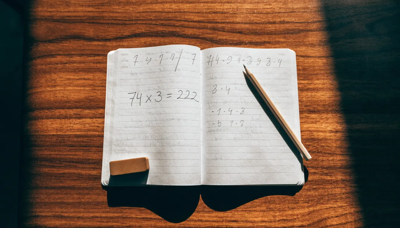 Ein Notizbuch mit handschriftlichen Multiplikationen liegt aufgeschlagen auf einem Holztisch, daneben ein Bleistift und ein Radiergummi.