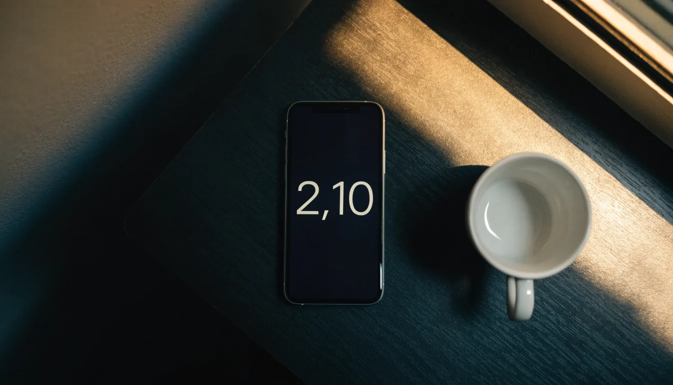 Ein Smartphone mit dunklem Display liegt neben einer Kaffeetasse auf einem Schreibtisch, durch das Fenster fällt Abendlicht.