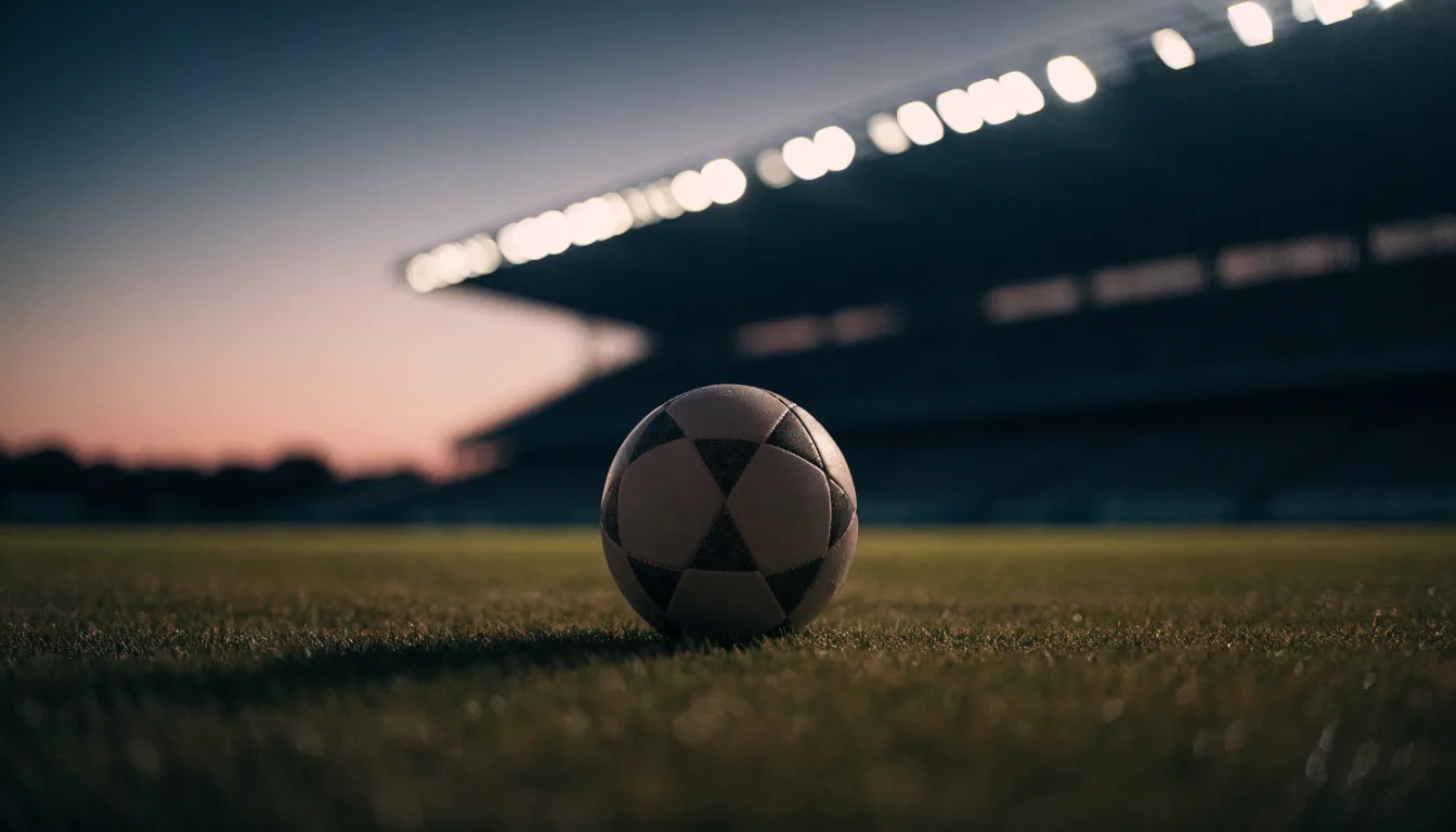 Ein Fußball liegt auf einem Rasenplatz in der Dämmerung, im Hintergrund ein ferner Stadionrand unter Flutlicht.