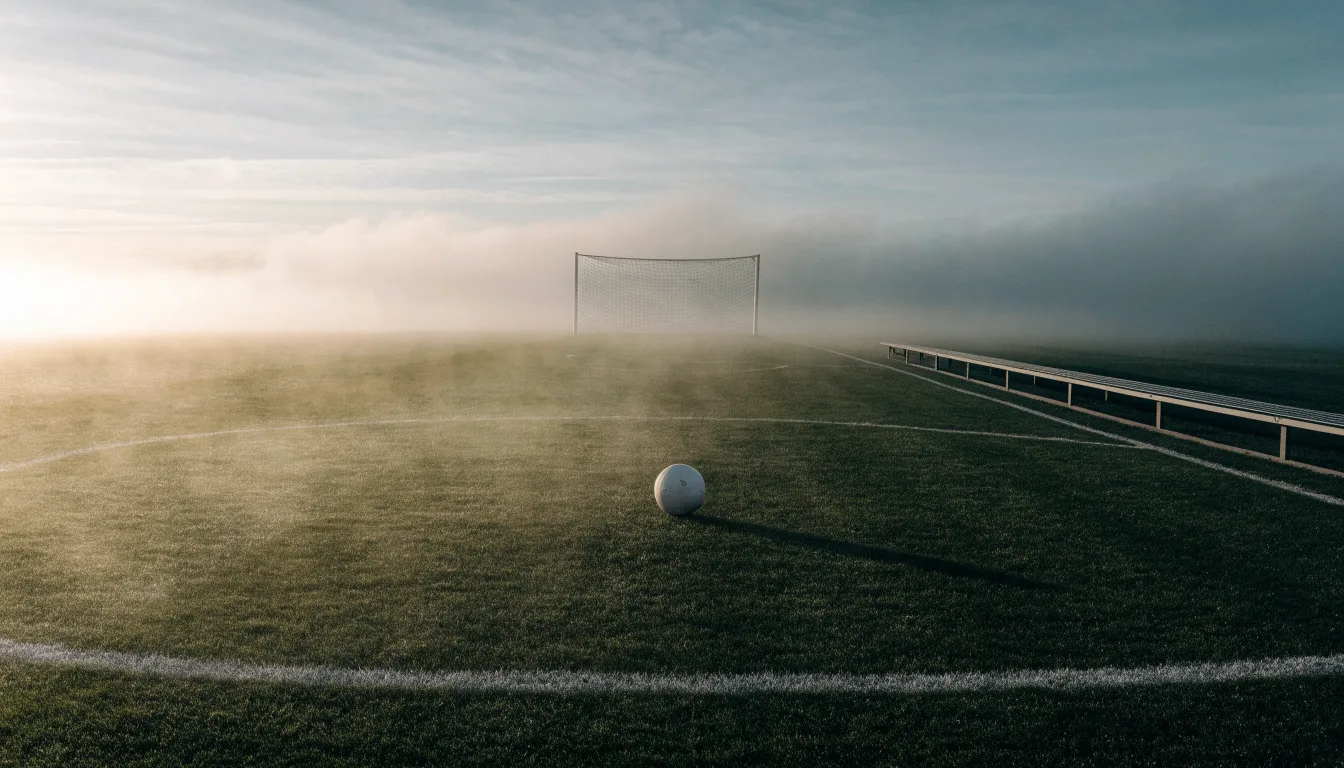 Ein Fußball liegt in der Mitte eines leeren Rasenplatzes im Morgennebel, am Rand steht eine einzelne Auswechselbank.